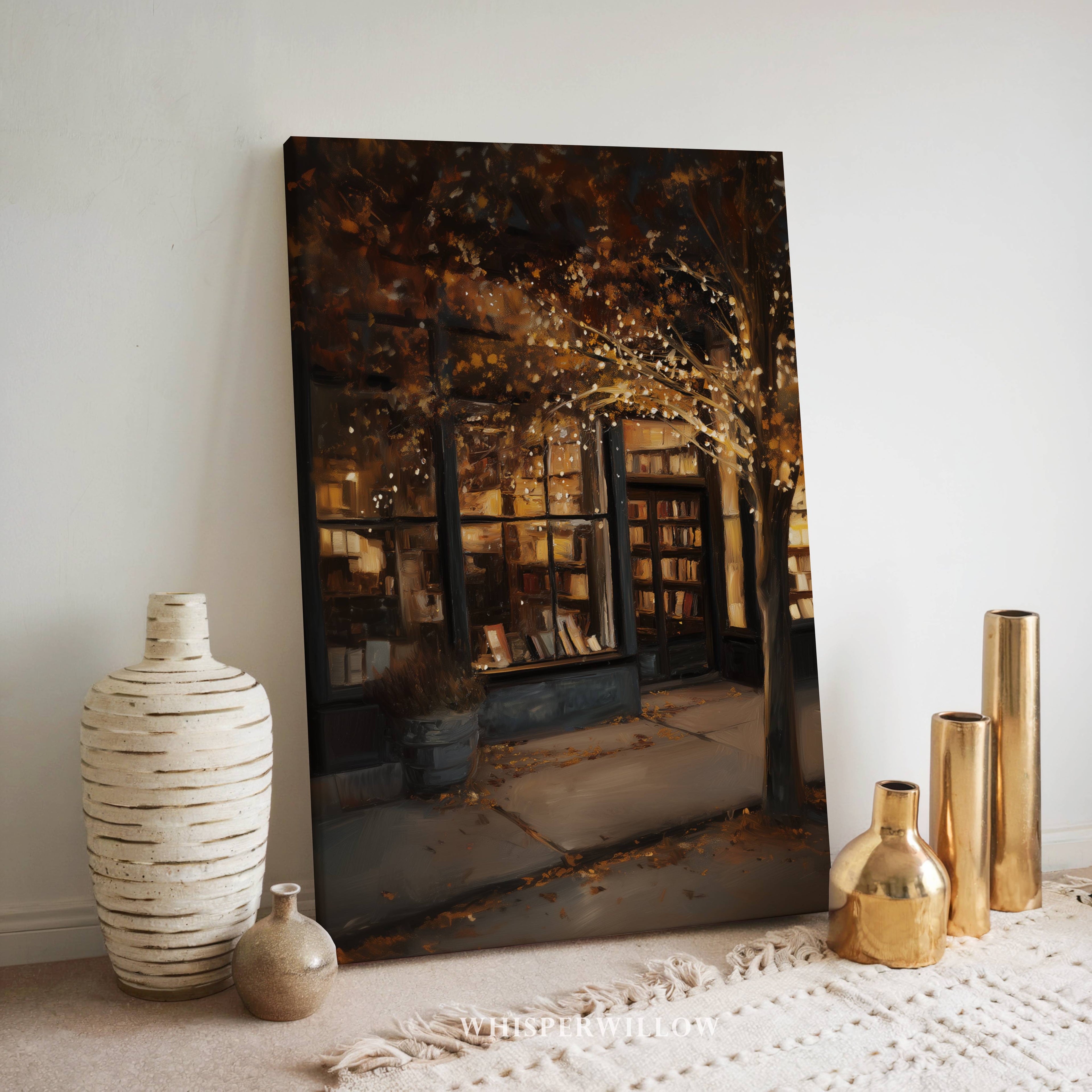 Gemütliches Buchladen-Leinwandbild – Romantischer Cottagecore-Herbstweihnachtsbaum