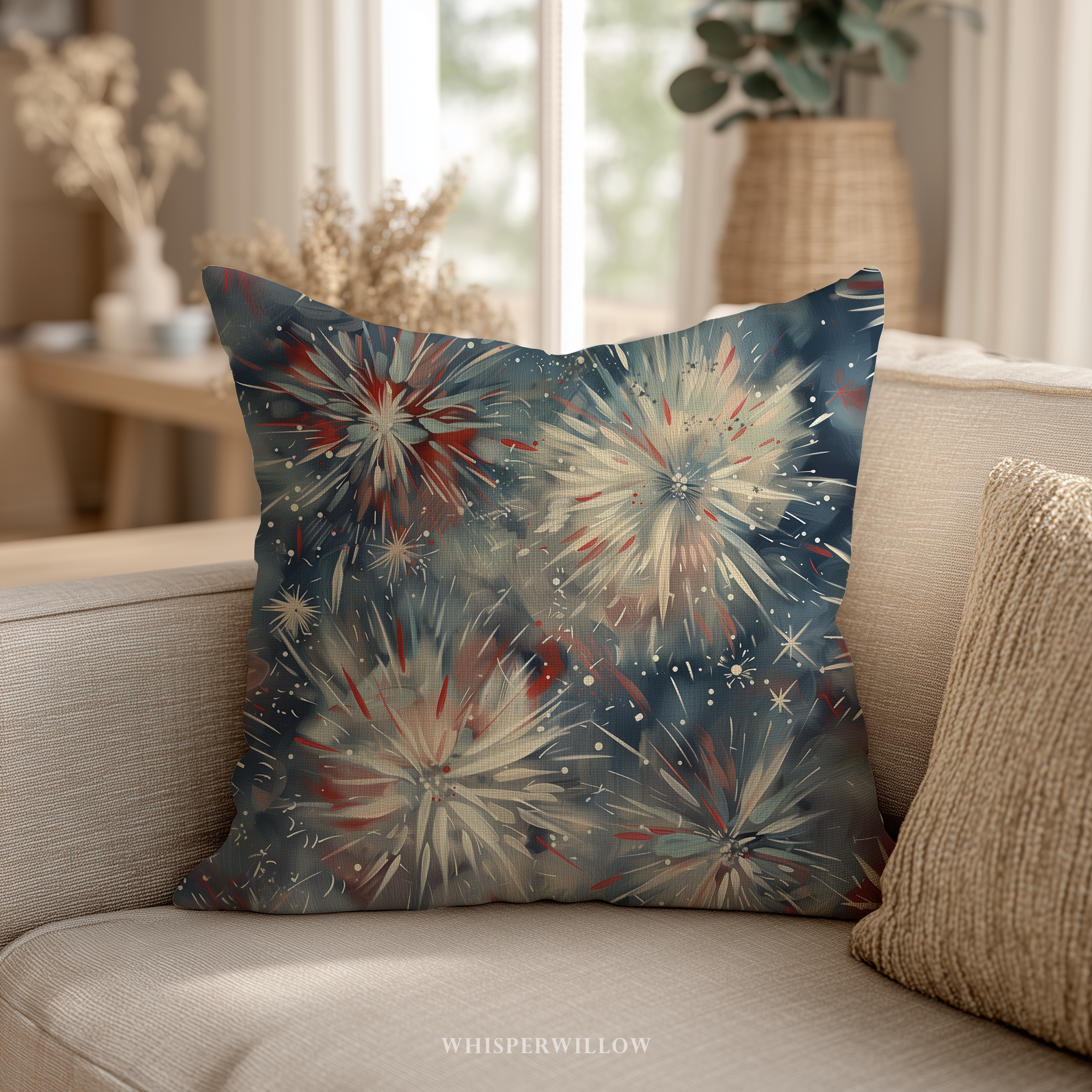 Abstract Fireworks Floral Throw Pillow and Case - Red White Blue Patriotic Home Decor