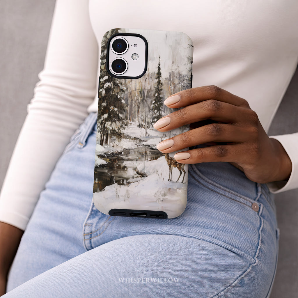 Aesthetic Winter Deer Phone Case | Compatible with MagSafe Charging | Forest Snow Wildlife Art | Gift for Him
