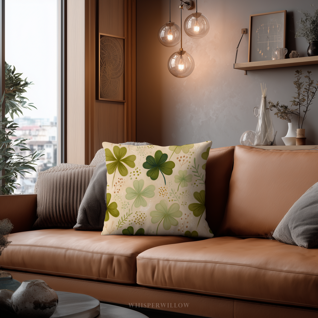 St Patrick Clover Throw Pillow, Green Shamrock Floral Botanical Design, Spring Cottage Decor Cushion, Gift for Kids and Adults