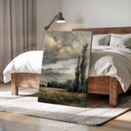 Leinwandbild „Stürmische Landschaft“ – Stimmungsvoller, bewölkter Himmel, Vintage-Landsonnenuntergang