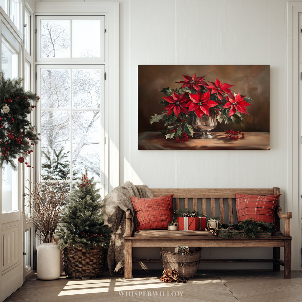 Weihnachtliches Leinwandbild | Roter Weihnachtsstern in silberner Vase | Botanische Winterdeko – Geschenkidee für Zuhause