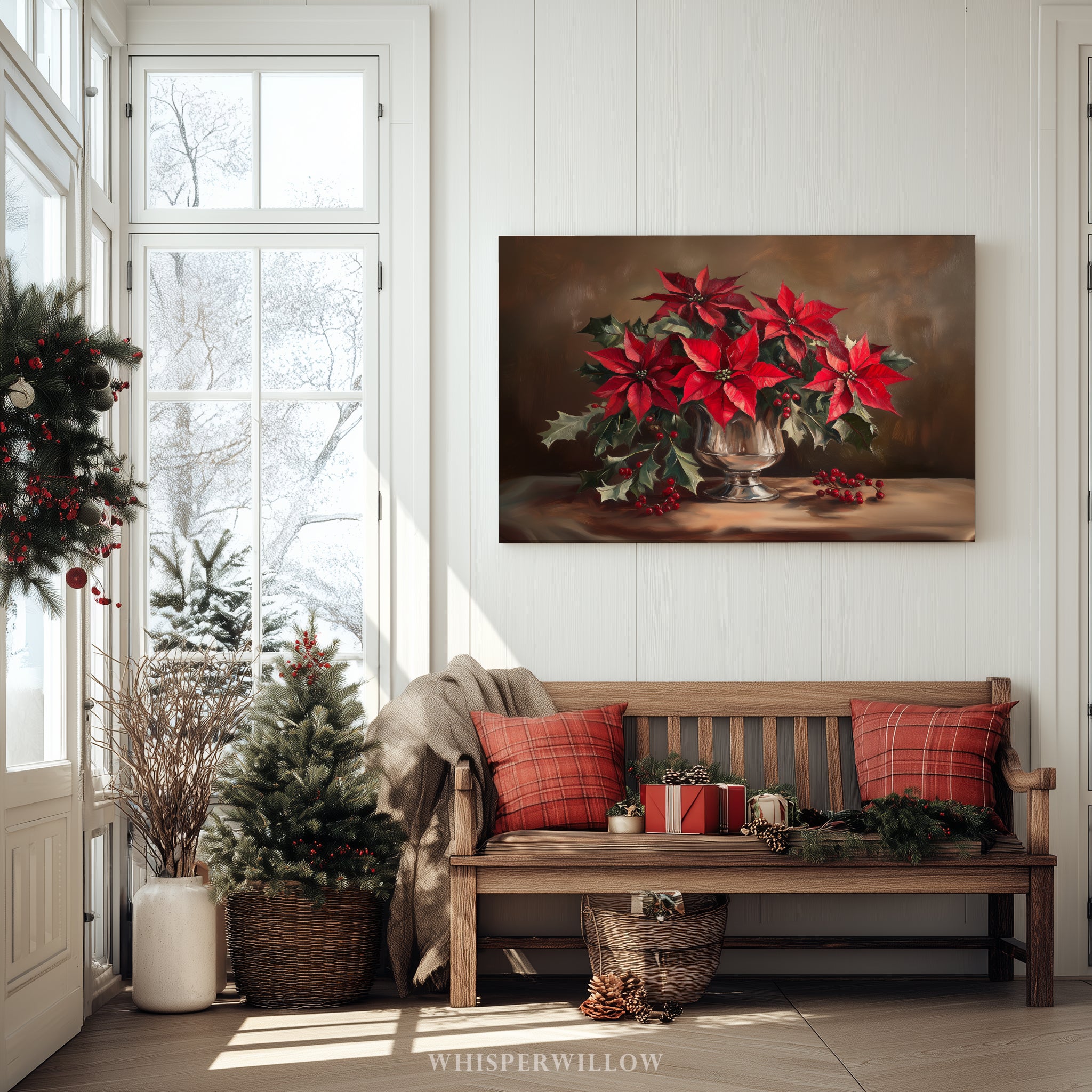 Weihnachtliches Leinwandbild | Roter Weihnachtsstern in silberner Vase | Botanische Winterdeko – Geschenkidee für Zuhause