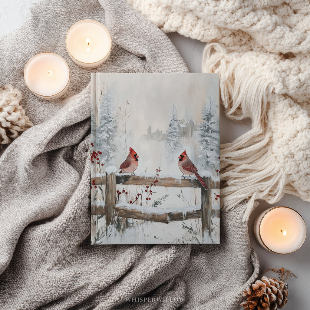Winterkardinale Hardcover-Notizbuch – Verschneite Zaunmotive, Weihnachtsmotiv, Geschenkidee mit roten Vögeln