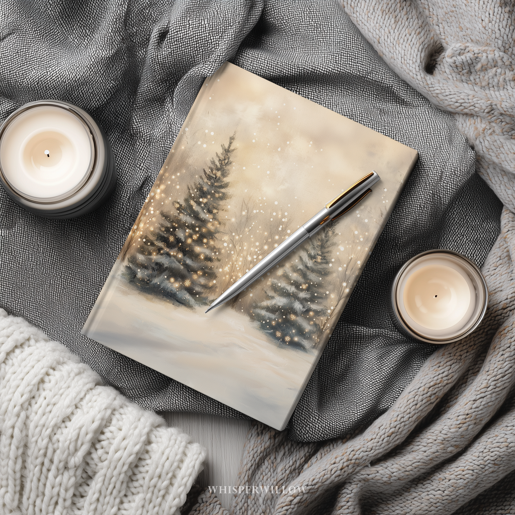 Winter Forest Hardcover Journal - Glowing Trees Snow Cozy Christmas Lights Notebook by WhisperWillow Studios Home Decor Gift