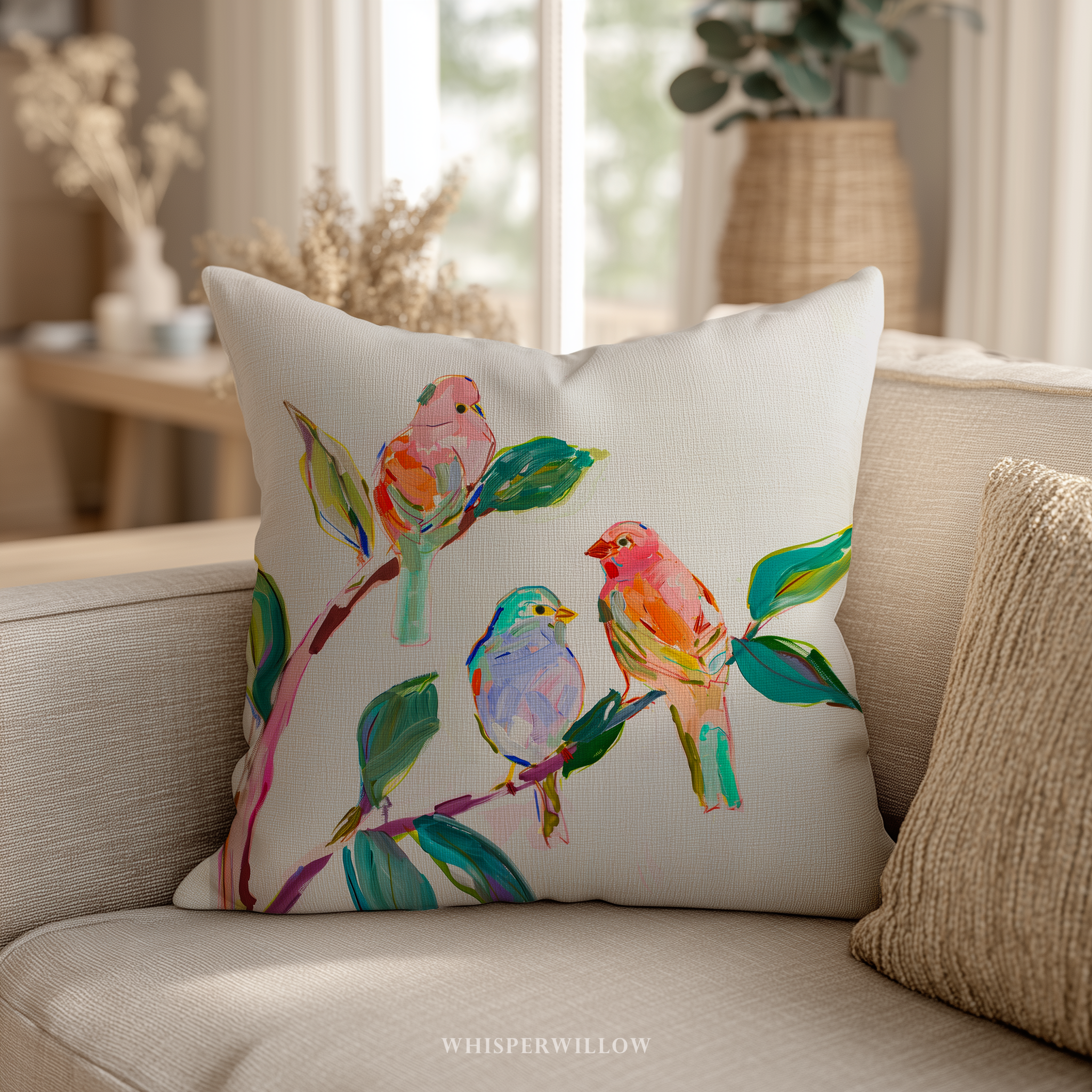 Colorful Bird Throw Pillow and Case - Abstract Botanical Branch Cushion Modern Nature Decor Gift