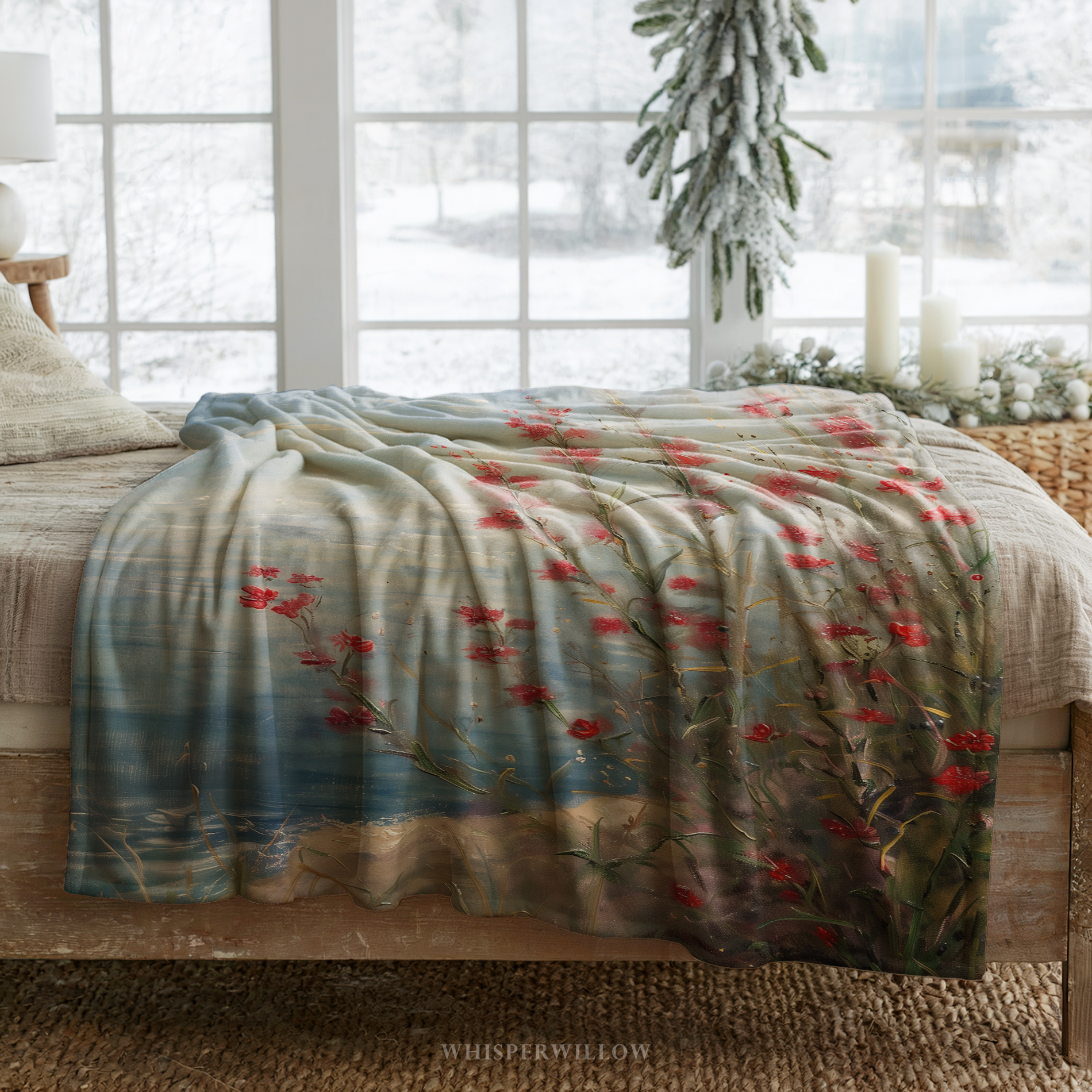 Coastal Wildflower Throw Blanket - Red Floral Seaside Ocean Gift