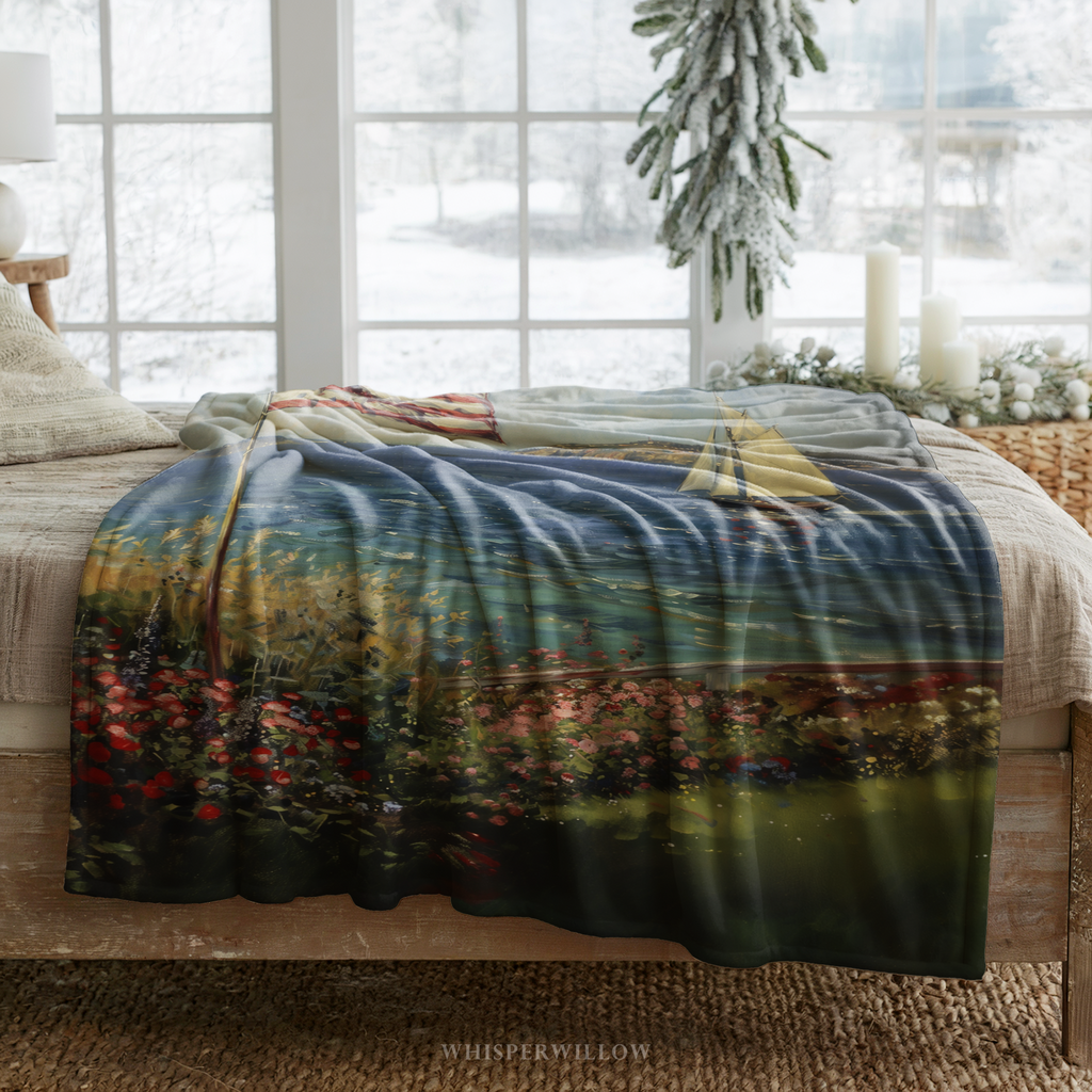 American Flag Coastal Throw Blanket - Ocean Nautical Sailboat Floral Gift