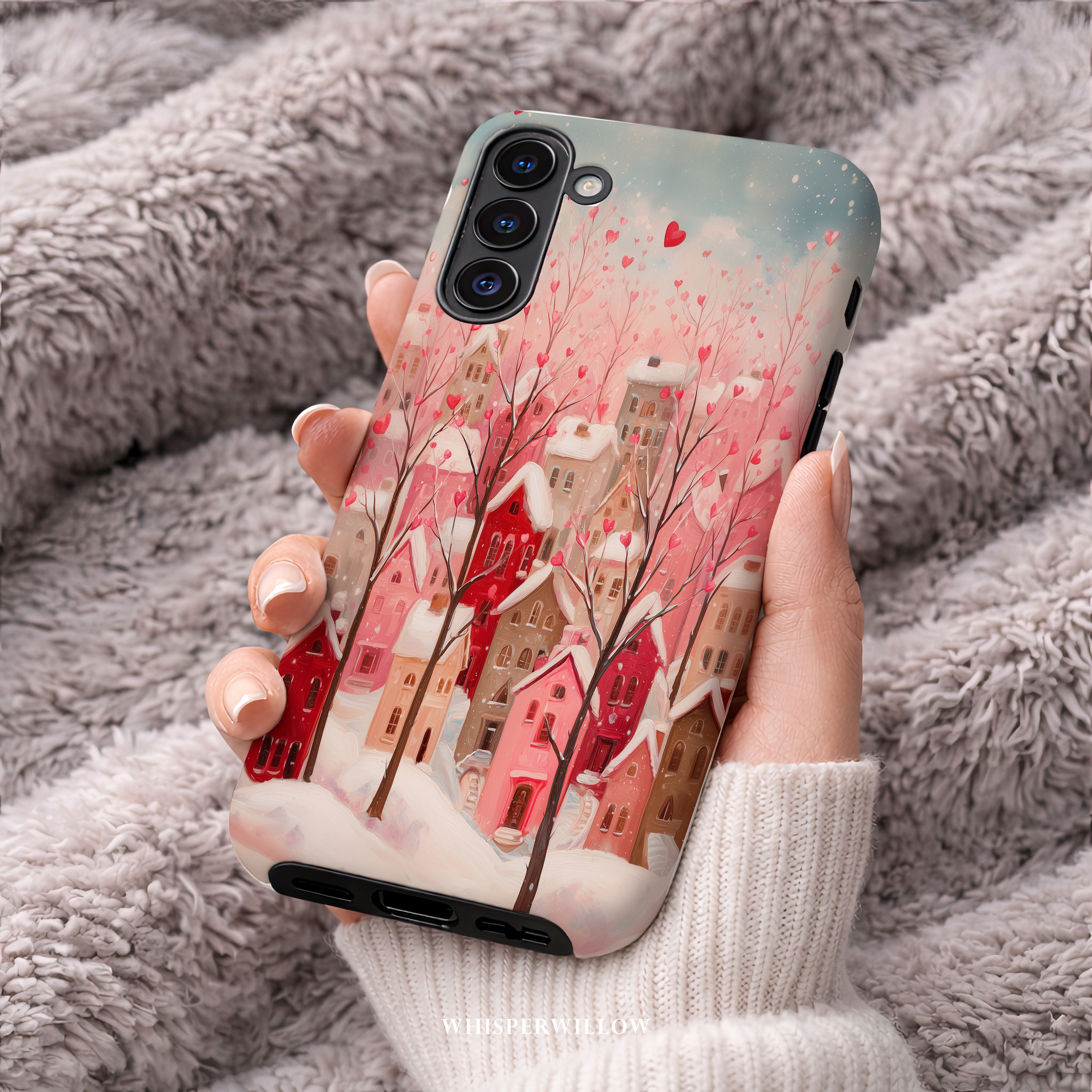 Romantic Winter Village Phone Case | Aesthetic Pink Snow Art | Heart Holiday Design | Compatible with Samsung