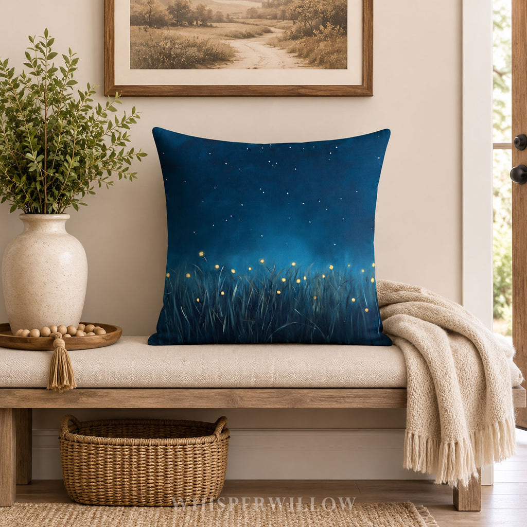 Firefly Meadow Throw Pillow Starry Night Sky Celestial Nature Decor Cottagecore Accent Cushion Glowing Lights Landscape Gift Cozy