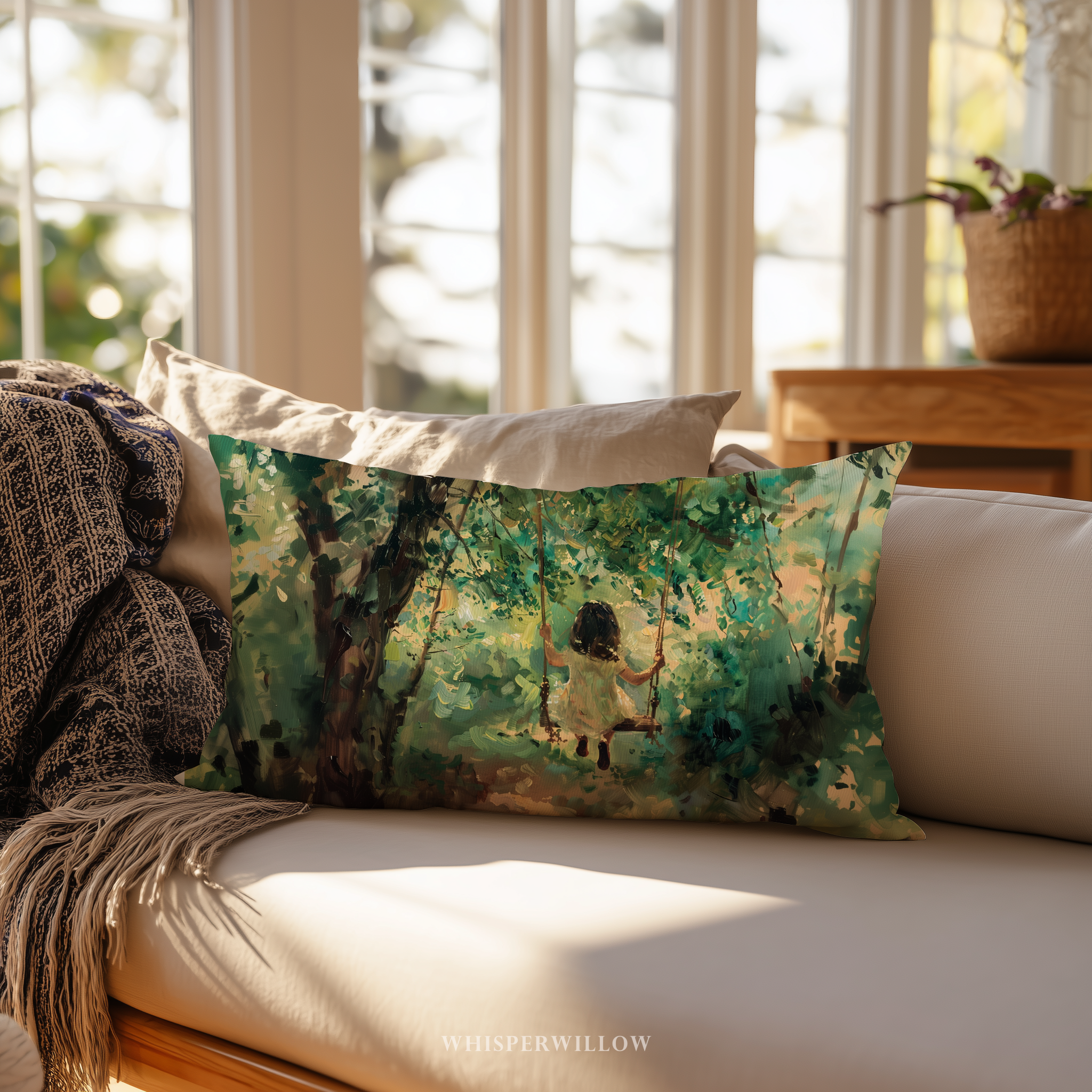 Kissen „Kind auf Baumschaukel“ – Kissen „Verzauberter Vintage-Wald“