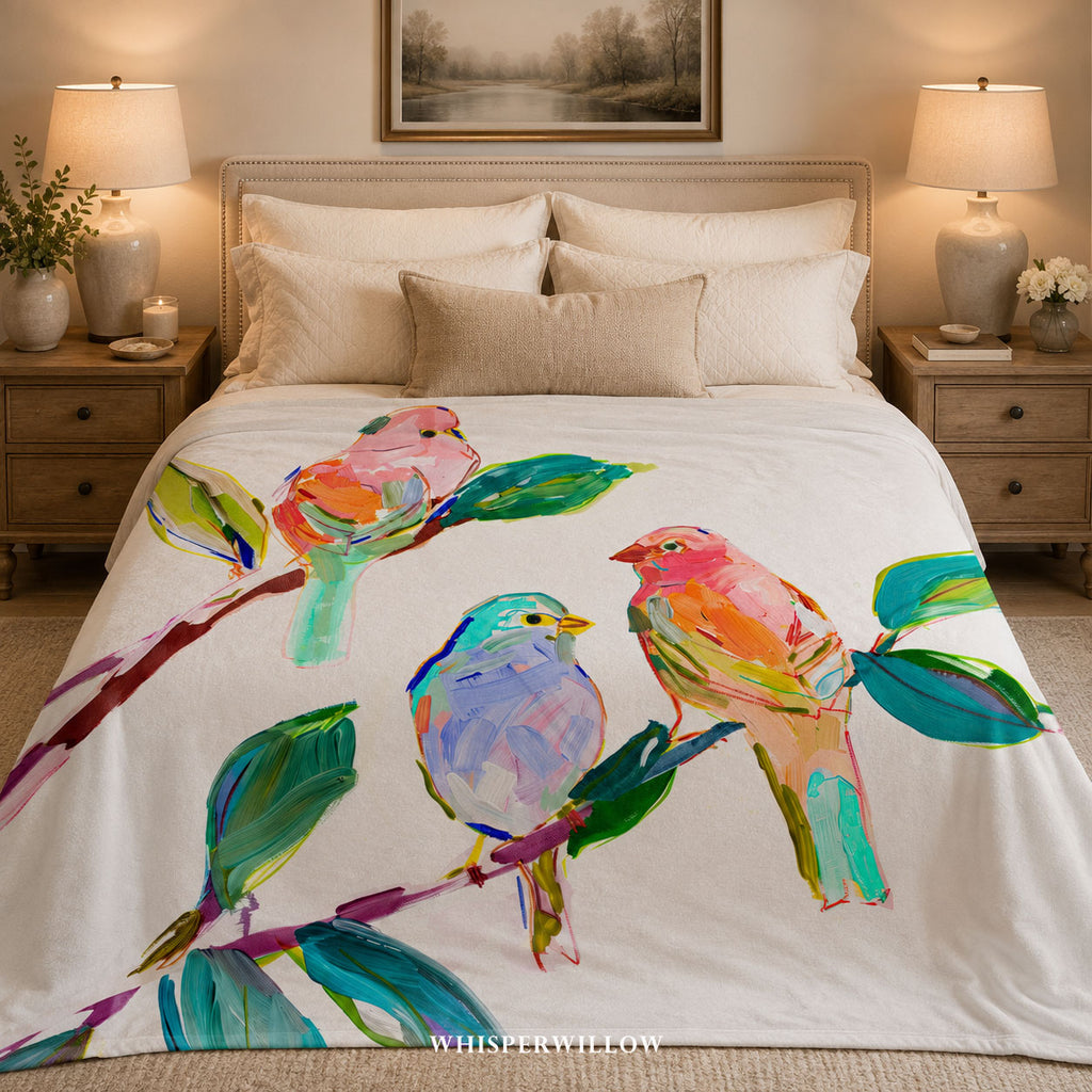 Colorful Songbird Plush Throw Blanket | Botanical Nature Decor | Cottagecore Bedding | Bird Lover Gift | Floral Home Accent