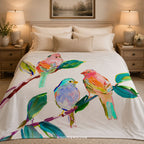 Colorful Songbird Plush Throw Blanket | Botanical Nature Decor | Cottagecore Bedding | Bird Lover Gift | Floral Home Accent
