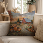 Autumn Pumpkin Farm Throw Pillow and Case - Red Barn Fall Harvest Landscape Country Decor Gift
