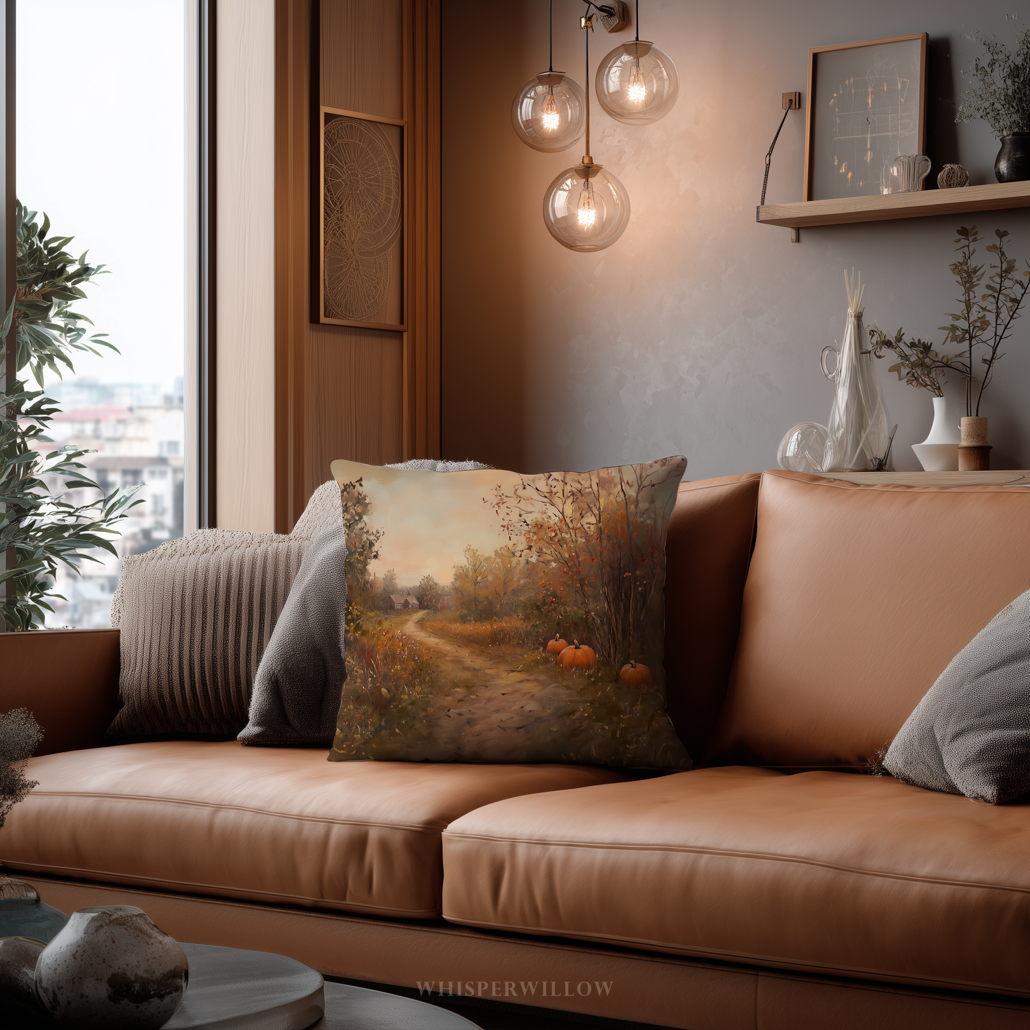 Autumn Pumpkin Path Throw Pillow - Fall Landscape Farmhouse Rustic Cottage Art Cushion Gift