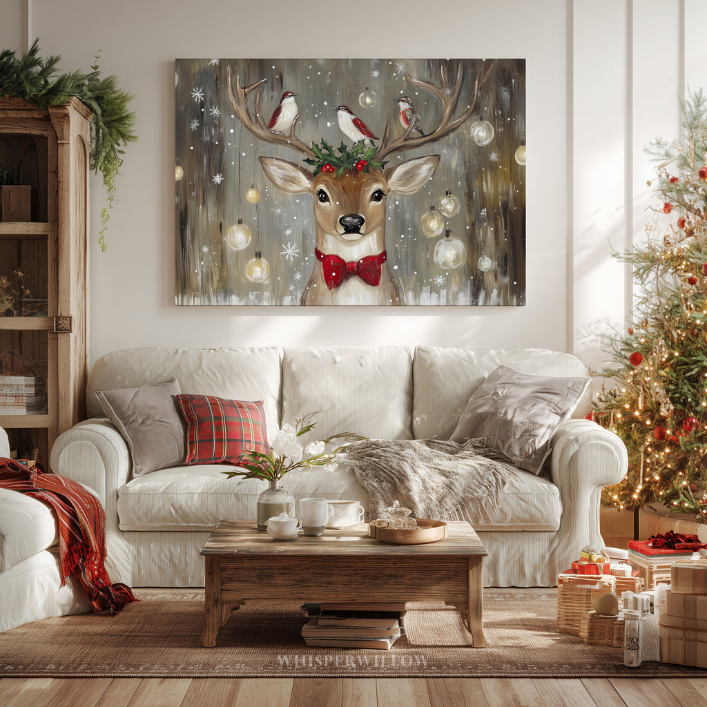 Weihnachts-Wandbild mit Rentieren und Vögeln – Rustikale rote Schleife, Stechpalme, Waldweihnachtsdeko