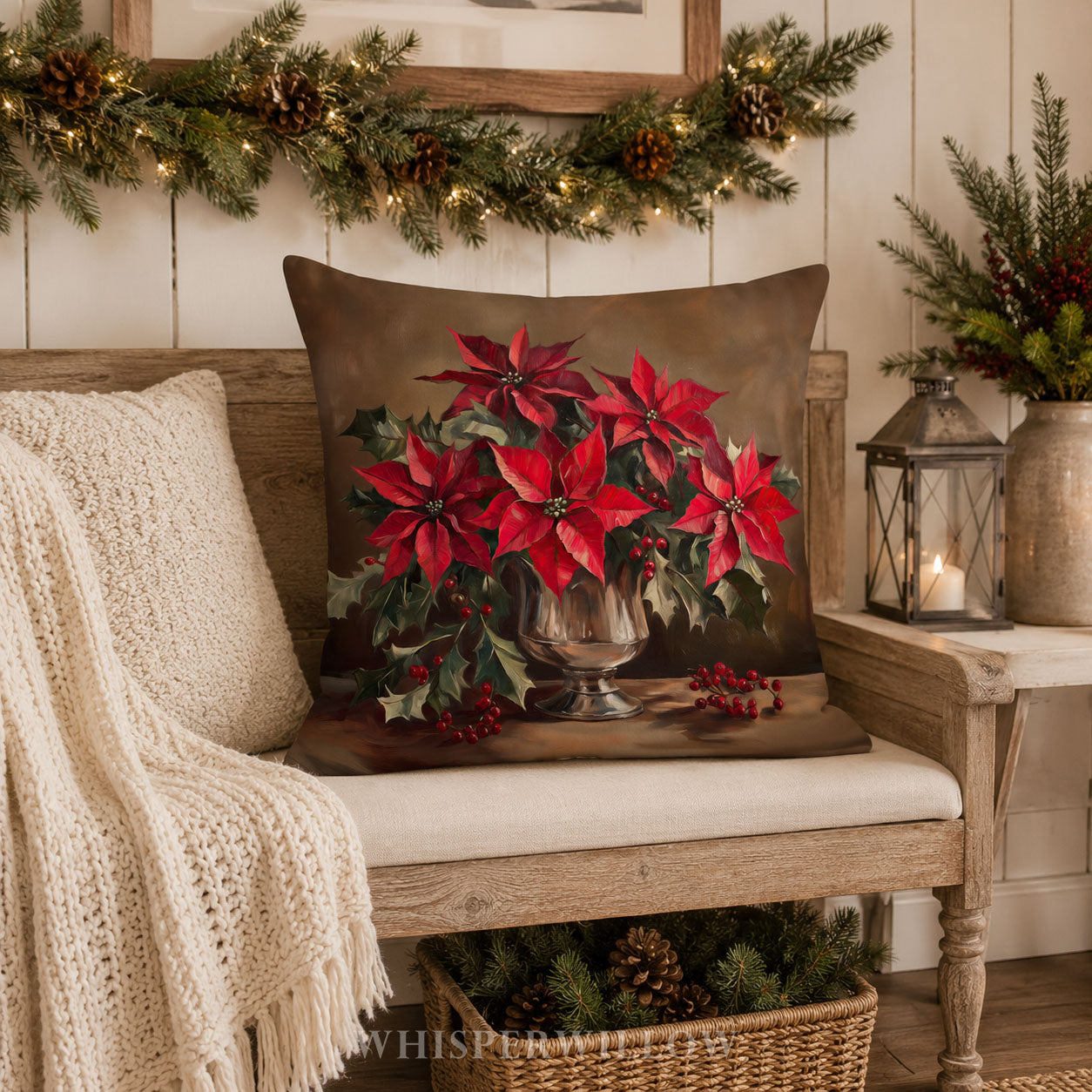 Coussin décoratif de Noël à motif poinsettia - Coussin rouge festif