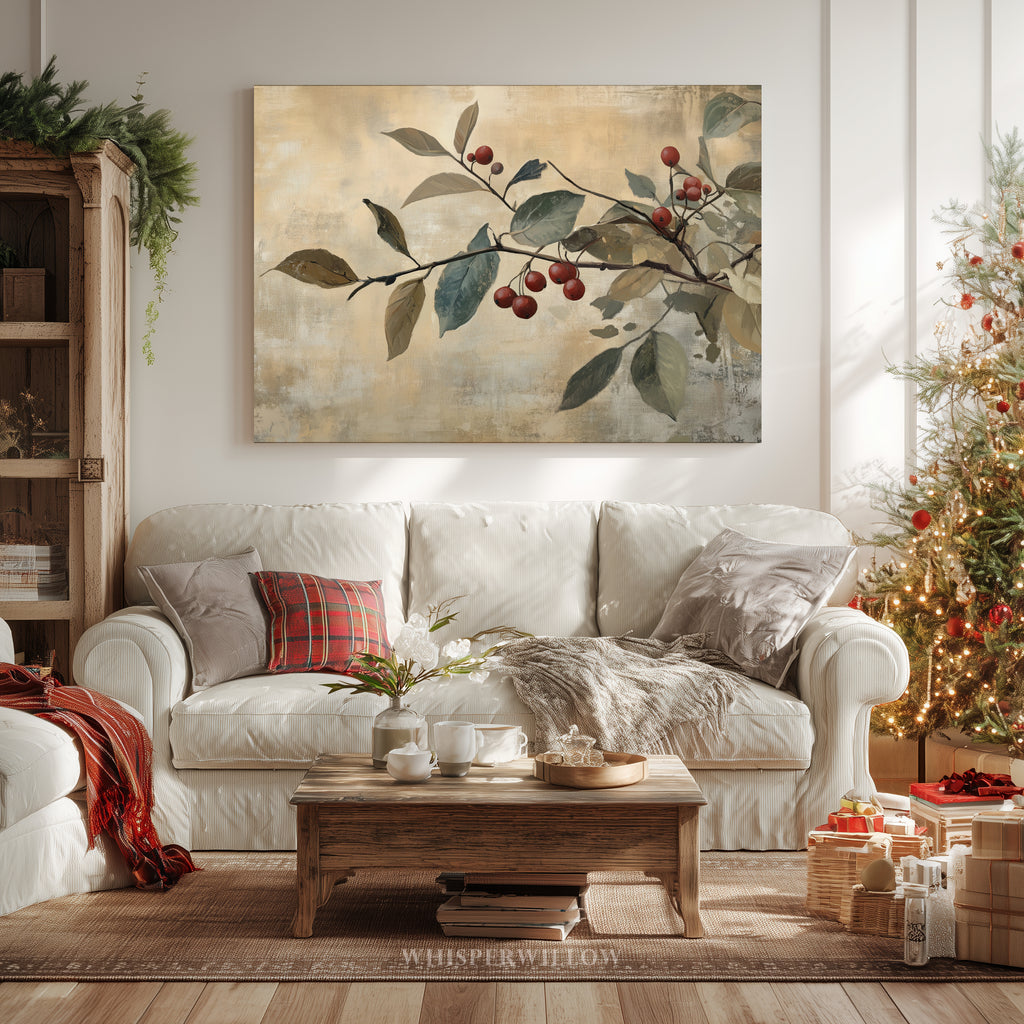 Leinwandbild | Rustikaler Zweig mit roten Beeren | Weihnachts- und Herbstdekoration