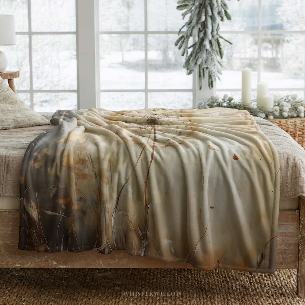 Dandelion Heart Throw Blanket - Neutral Botanical Watercolor Floral Gift