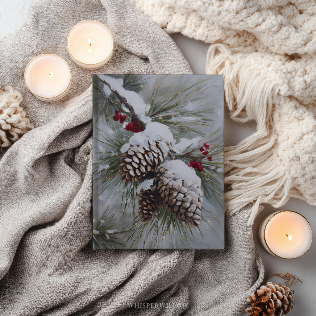 Notizbuch mit verschneiten Kiefernzapfen und immergrünen Blättern – Winterliche Naturkunst, Geschenkidee mit roten Beeren