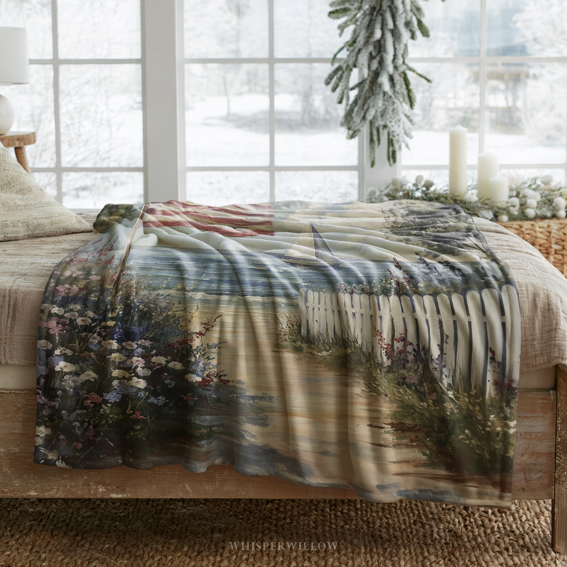 Patriotic American Flag Throw Blanket - Coastal Beach Sailboat Floral Gift