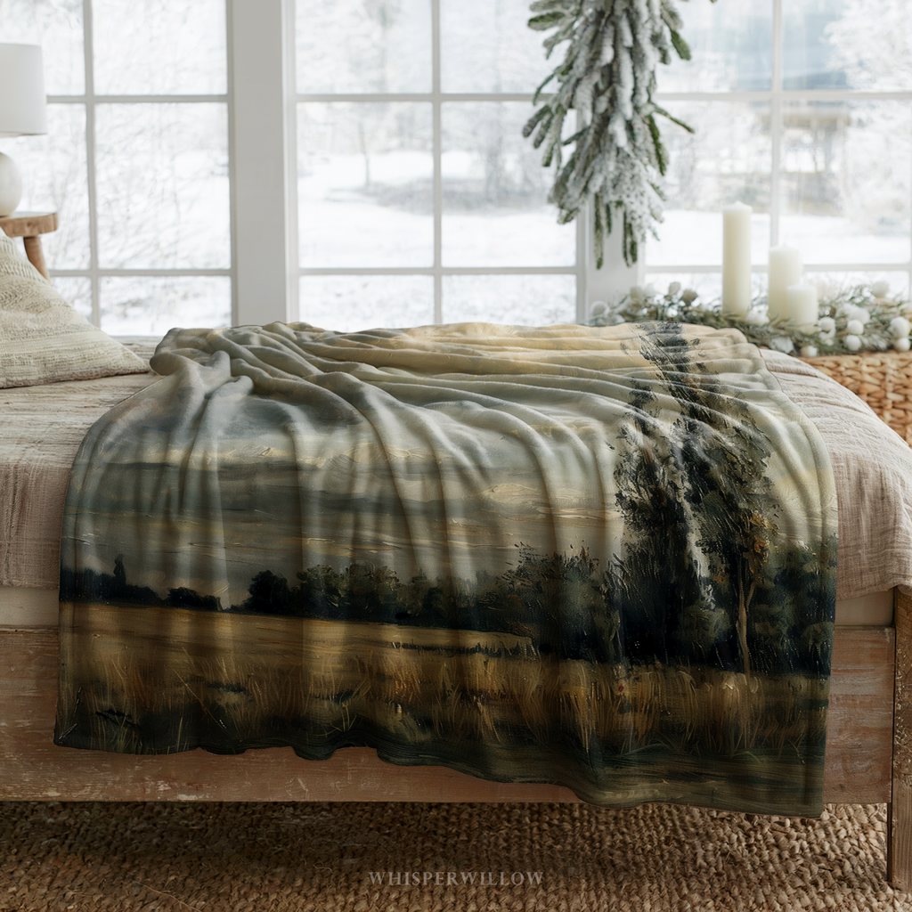 Moody Landscape Throw Blanket - Stormy Sky Meadow Tall Tree Gift