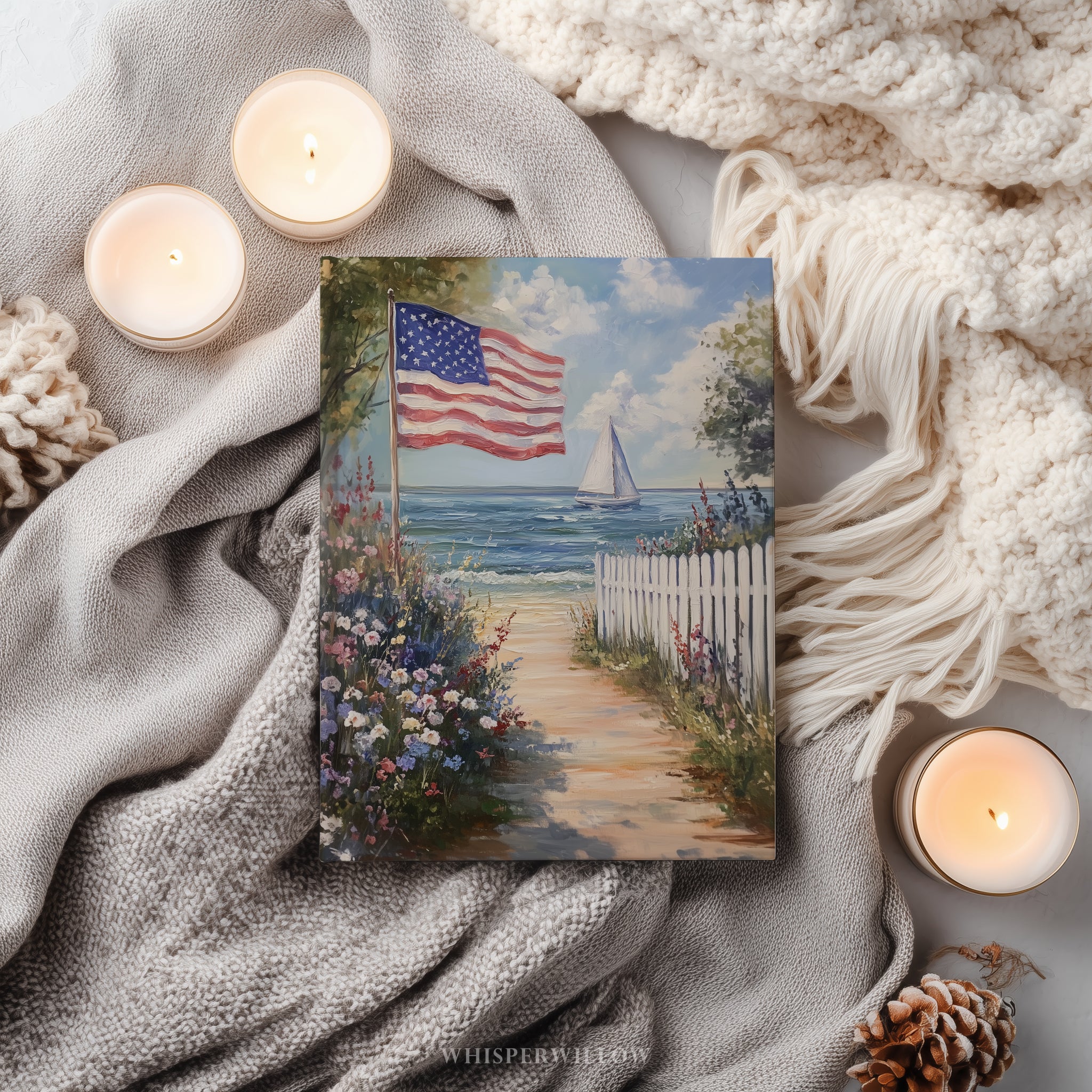 Notizbuch mit amerikanischer Flagge und Küstenmotiv – Patriotisches Geschenkidee: Segelboot am Meer, Strandgarten