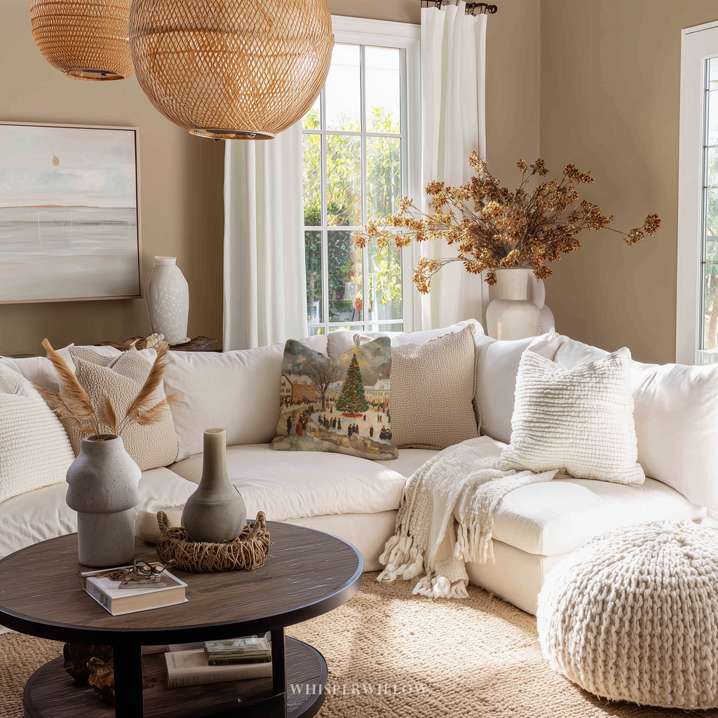 Festliches Dekokissen – Kissen mit Winterdorf-Weihnachtsbaum