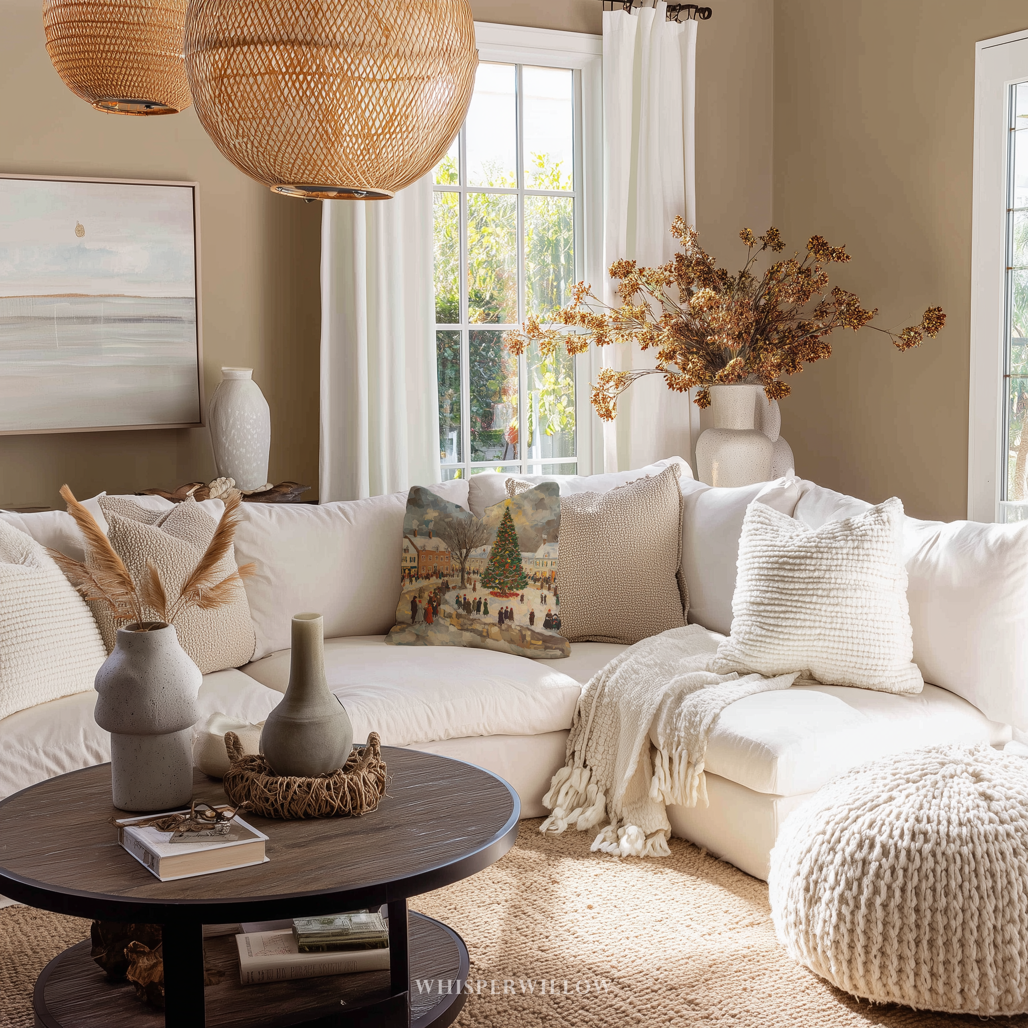 Festliches Dekokissen – Kissen mit Winterdorf-Weihnachtsbaum