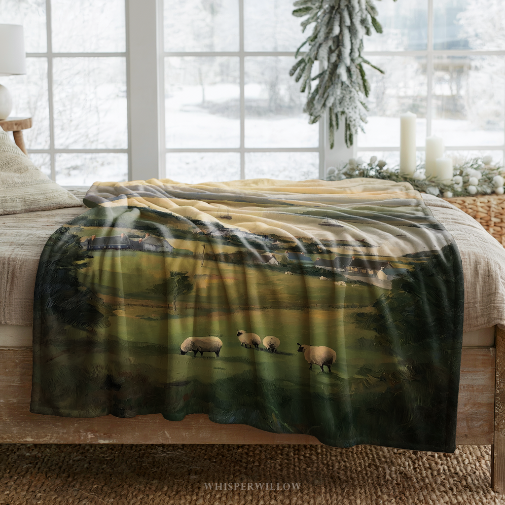 Pastoral Coastal Landscape Throw Blanket - Irish Countryside Sheep Gift