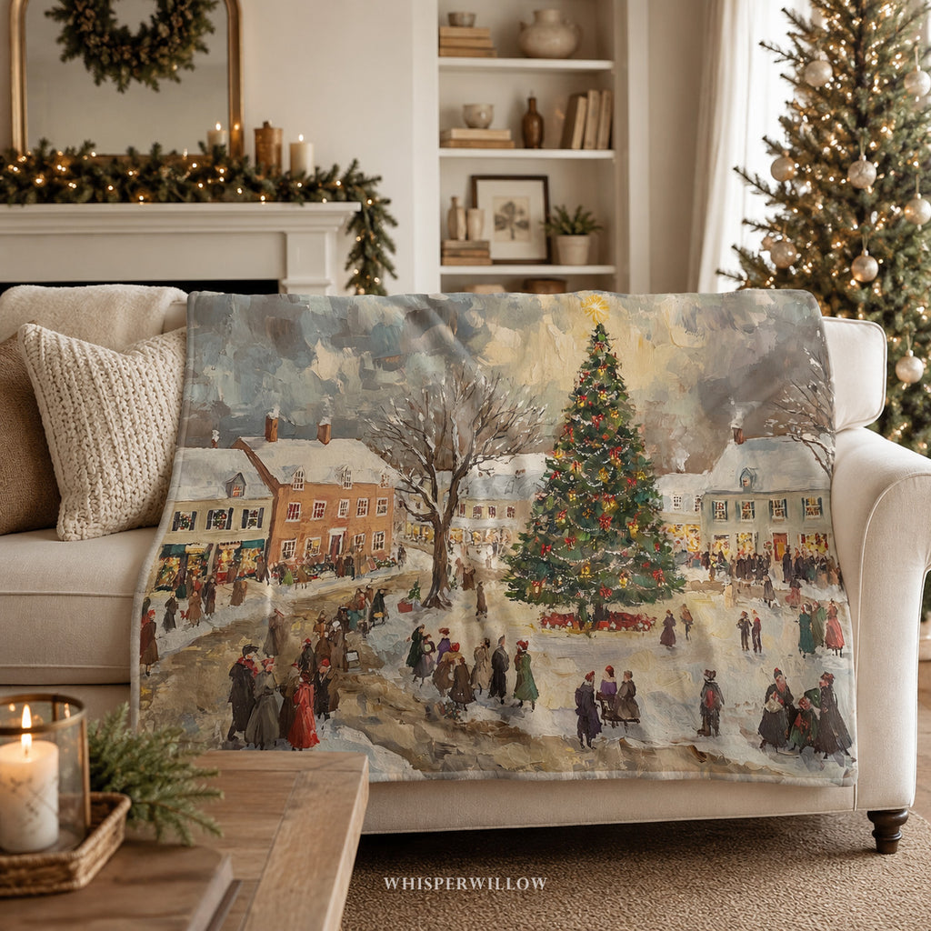 Vintage Christmas Village Throw Blanket - Winter Holiday Snowy Town Gift