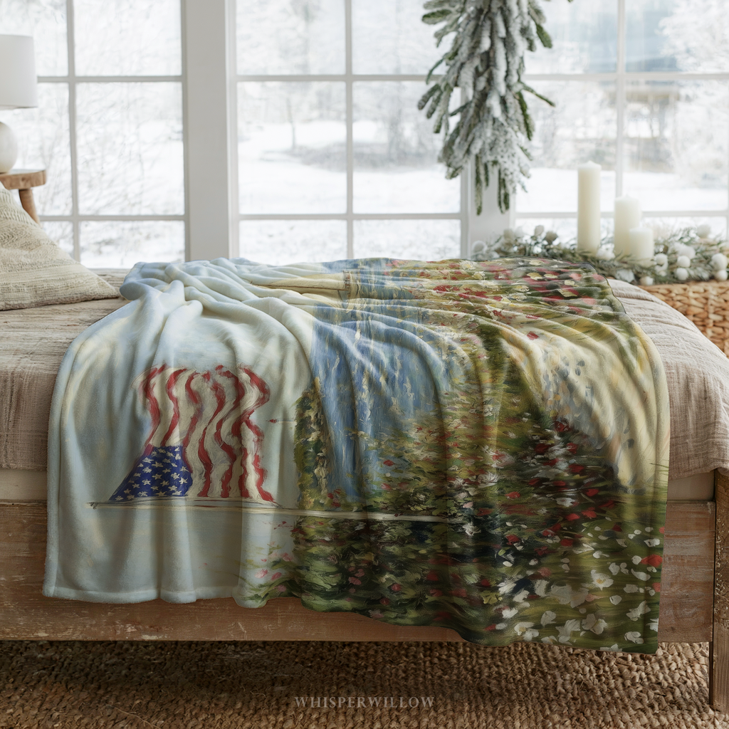 American Flag Coastal Throw Blanket - Sailboat Lighthouse Wildflower Gift