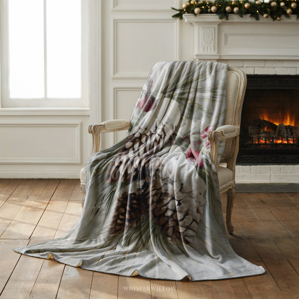 Snowy Pinecone Throw Blanket - Evergreen Red Berry Winter Gift