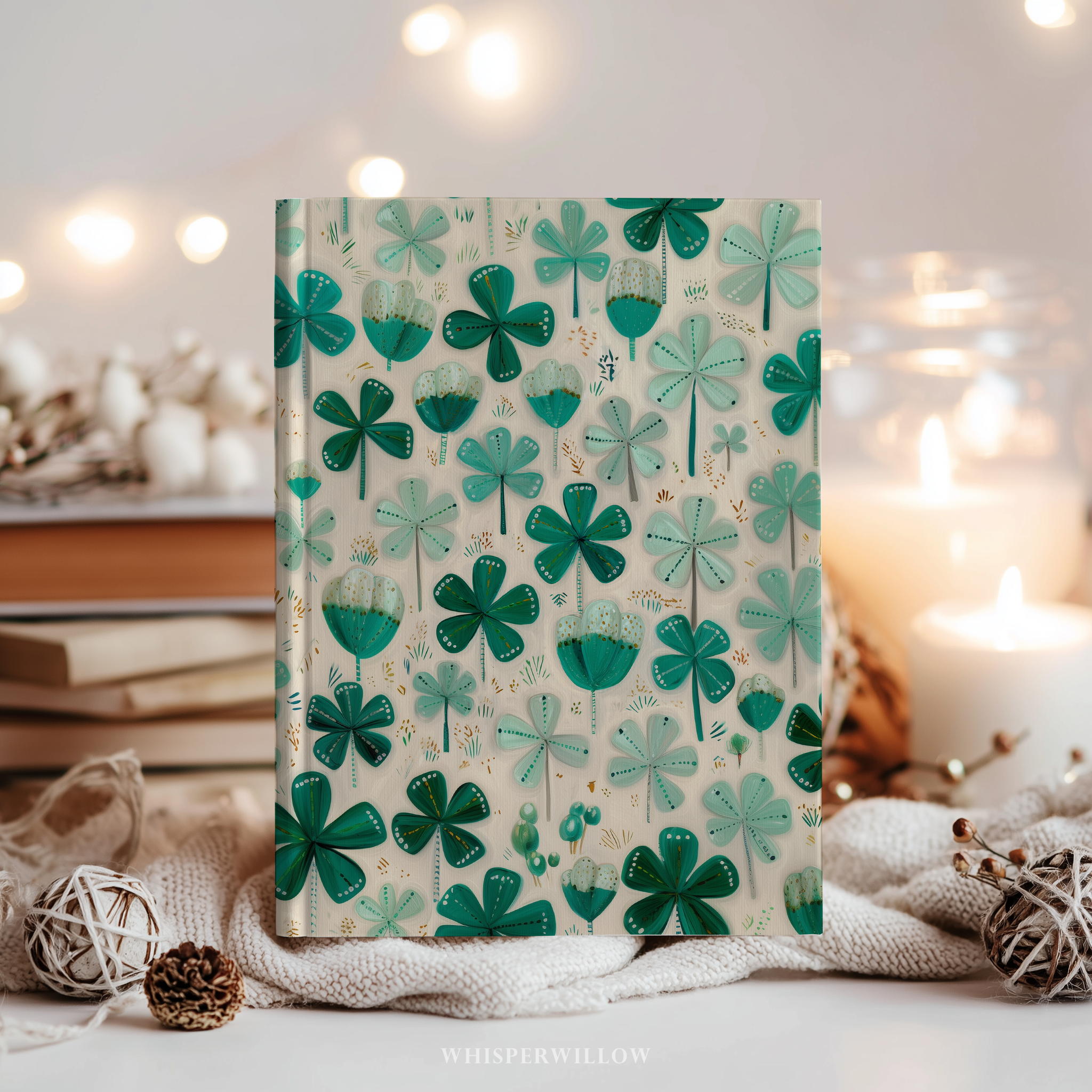 St Patrick Shamrock Hardcover Journal, Lucky Irish Botanical Clover Design, Green Teal Folk Art Notebook, 8x5.75 Lined Pages Gift