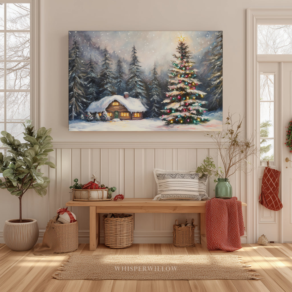 Winterliches Leinwandbild | Gemütliche Hütte mit verschneitem Wald und Weihnachtsbaum | Rustikale Dekoration für die Feiertage – das perfekte Geschenk