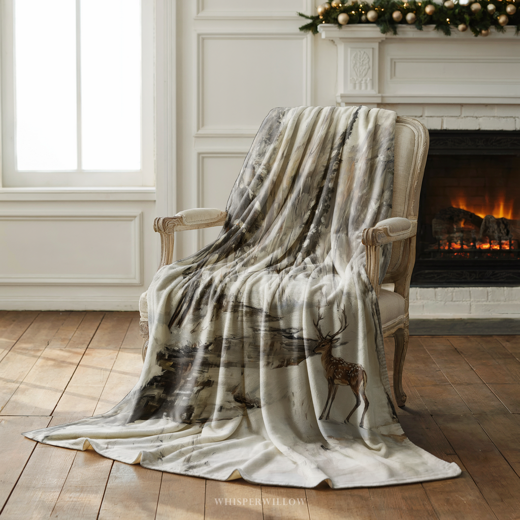 Winter Deer Forest Throw Blanket - Snowy Woodland Stream Gift