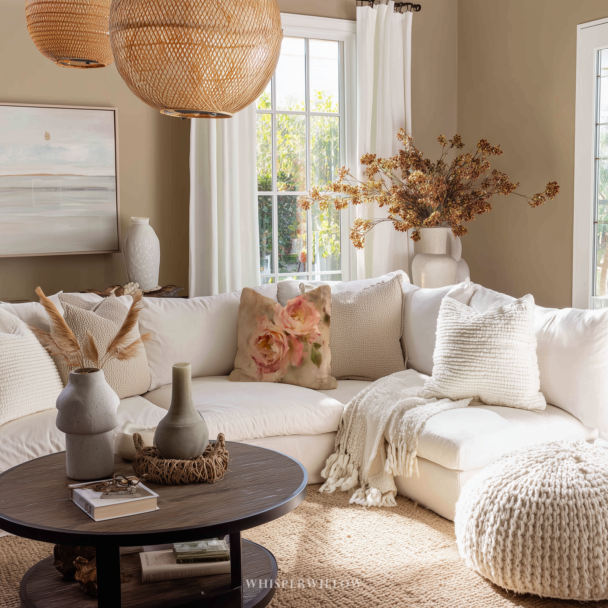 Dekokissen | Rosafarbenes Blumenmuster im Landhausstil | Romantisches Wohnaccessoire, weiches, neutrales Kissen, Geschenkidee