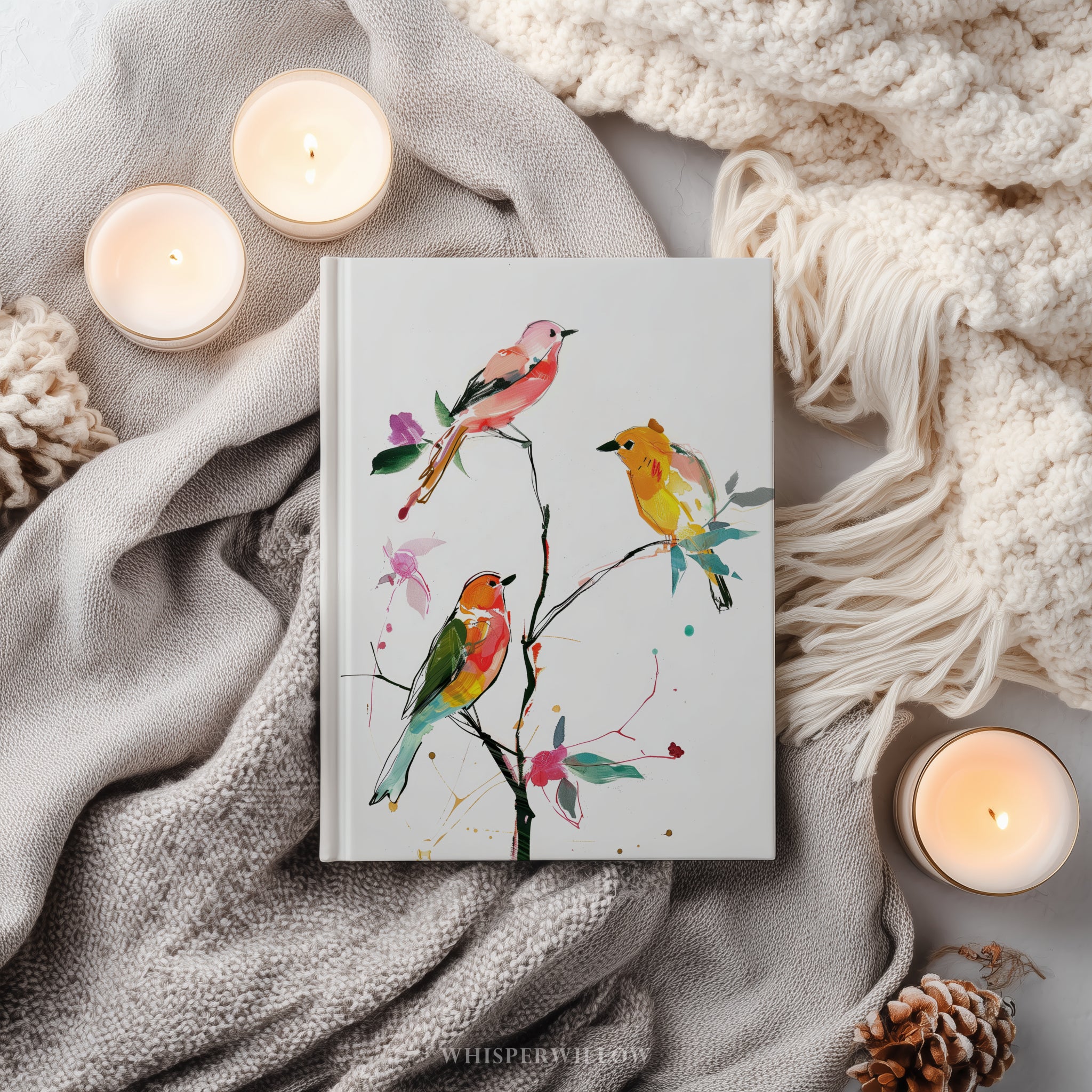 Buntes Notizbuch mit Singvögeln (Hardcover) – Botanischer Zweig, Vogelmotiv, Geschenkidee