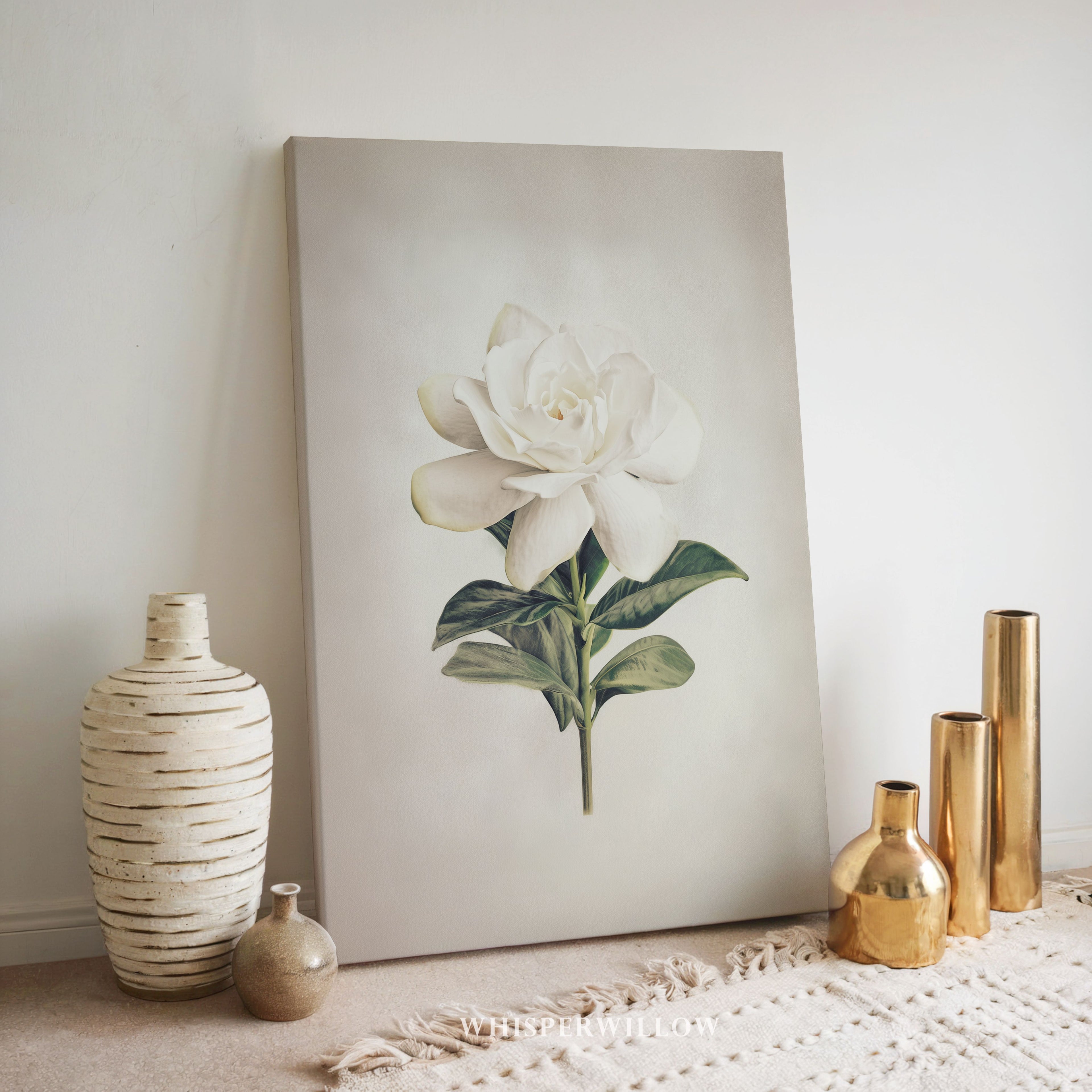 Leinwandbild „Weiße Gardenie“ – Eleganter, minimalistischer Vintage-Druck mit botanischen Blumenmotiven