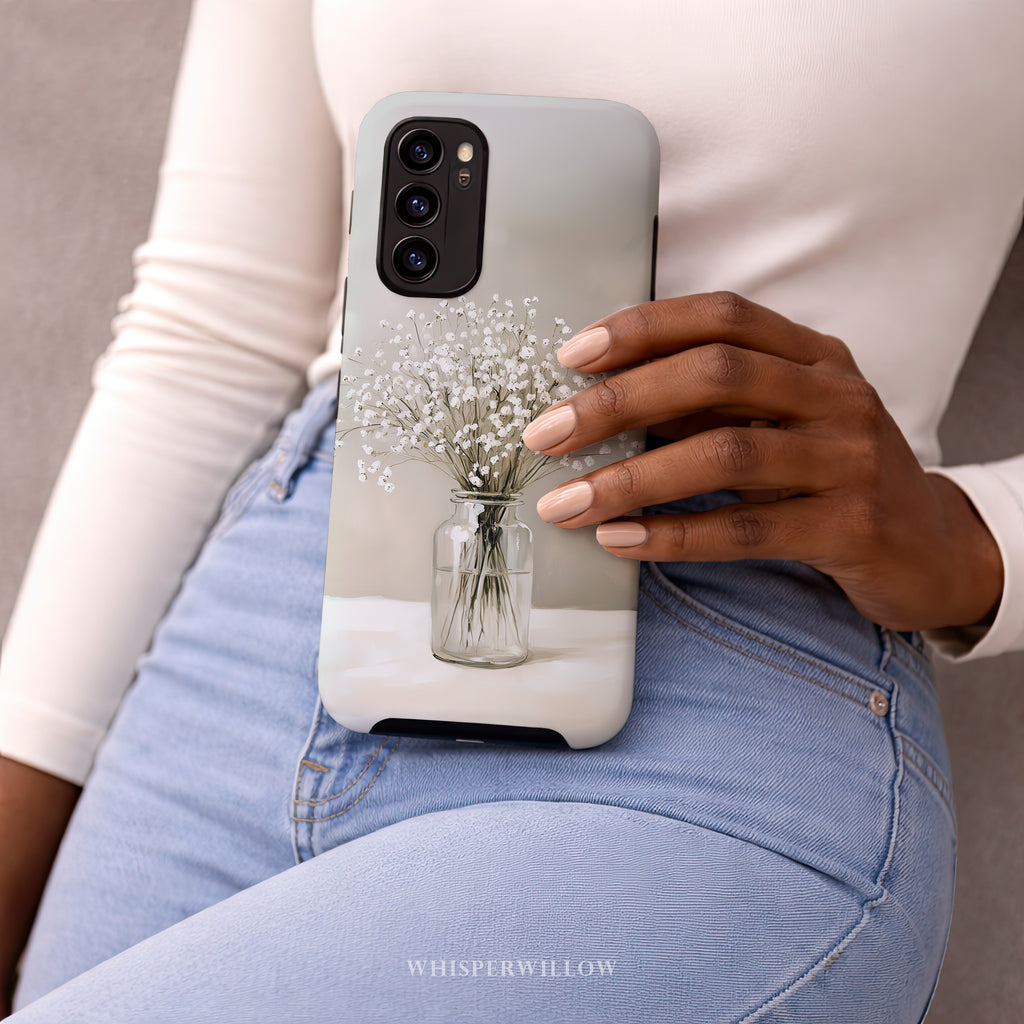 Floral Aesthetic Phone Case Compatible with Samsung, Cute Neutral Baby's Breath Botanical Art, Modern Minimalist White Glass Vase Design