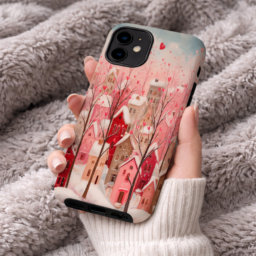 Romantic Winter Village Aesthetic Phone Case – Compatible with iPhone Models | Snowy Pink Heart Art