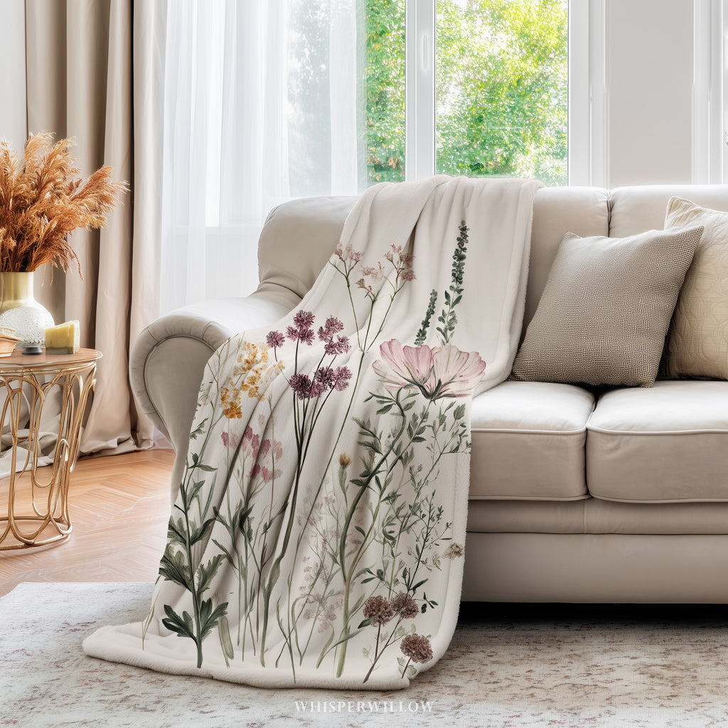 Wildflower Botanical Plush Throw Blanket | Vintage Meadow Floral Cottagecore | Neutral Garden Decor Gift