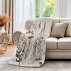 Wildflower Botanical Plush Throw Blanket | Vintage Meadow Floral Cottagecore | Neutral Garden Decor Gift