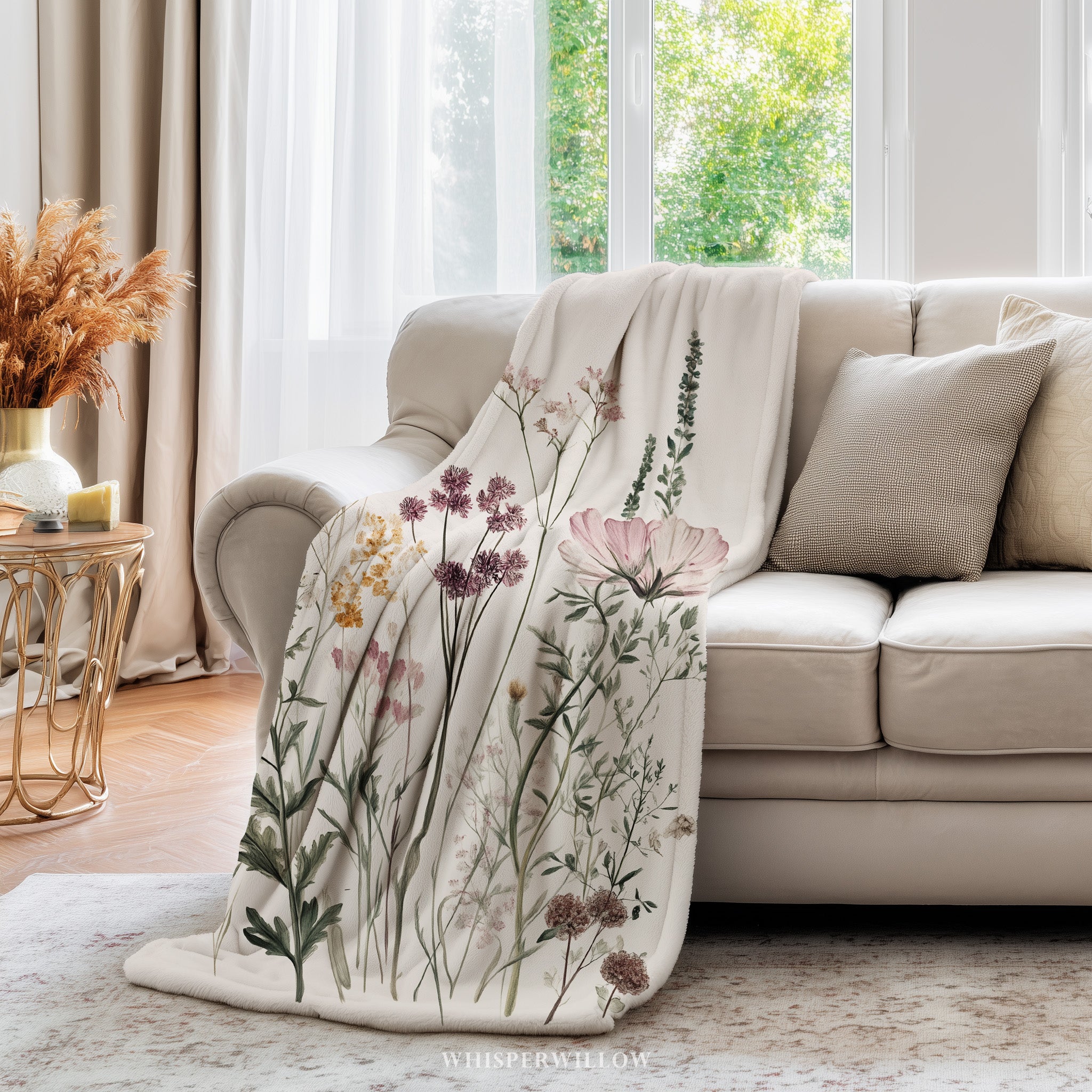 Wildflower Botanical Plush Throw Blanket | Vintage Meadow Floral Cottagecore | Neutral Garden Decor Gift