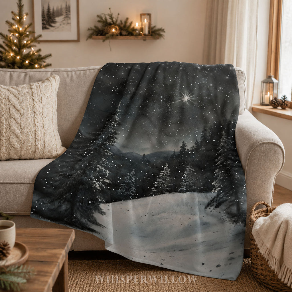 Snowy Winter Forest Throw Blanket - Night Christmas Eve Gift, Star of Bethlehem