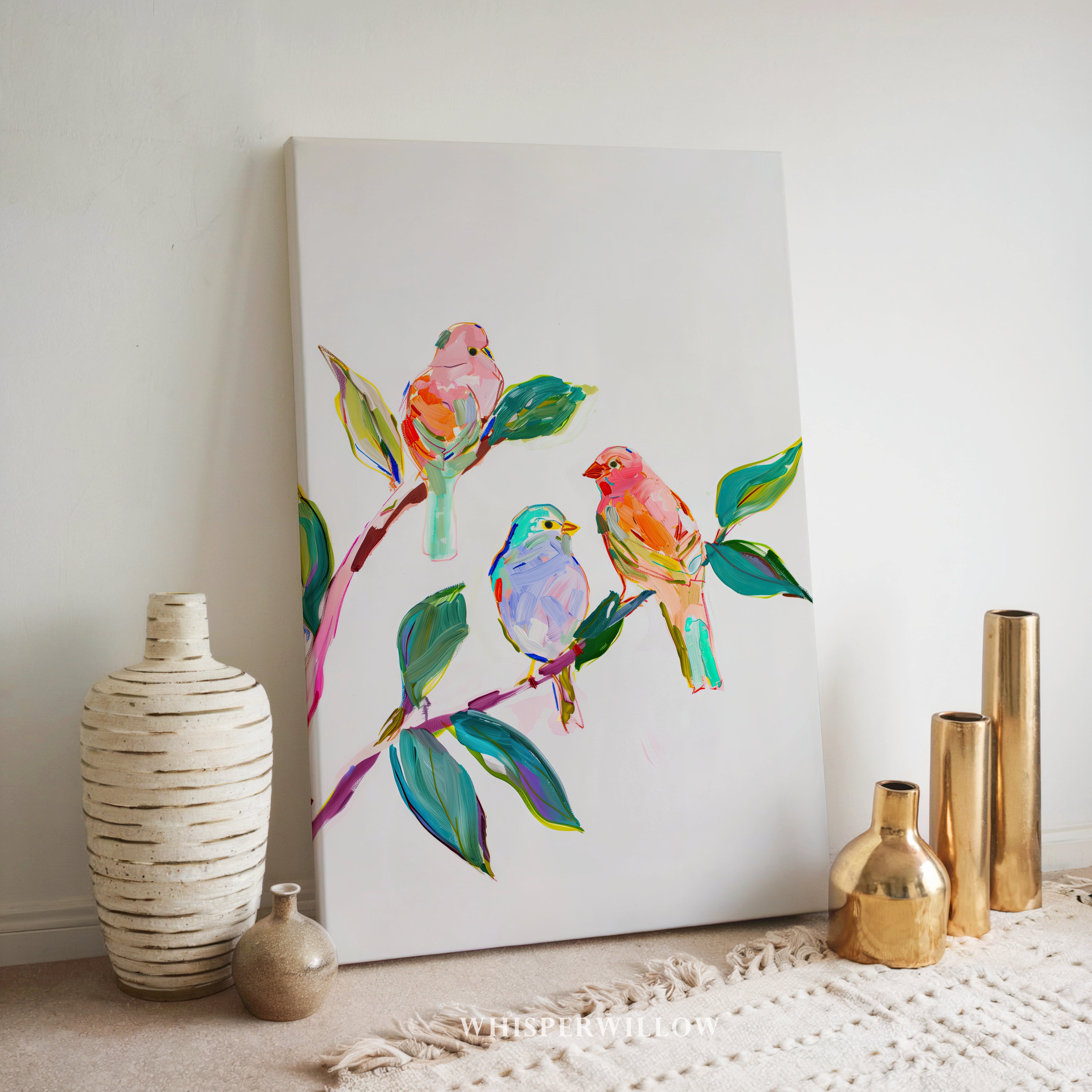 Wild Birds Canvas Wall Art | Colorful Songbirds on Tree Branch | Vibrant Nature Decor Gift