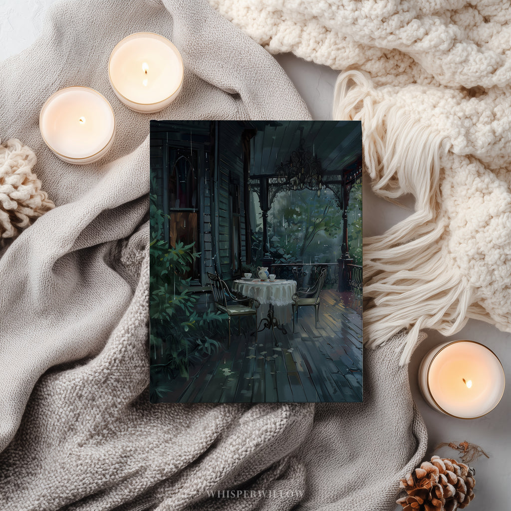 Notizbuch „Regenreiche viktorianische Veranda“ – Gotische Veranda-Teeszene, Geschenkidee für viktorianische Haushalte