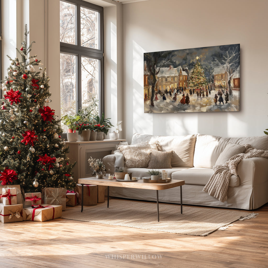 Christmas Canvas Wall Art | Vintage Victorian Village Carolers Winter Scene | Holiday Home Decor Gift