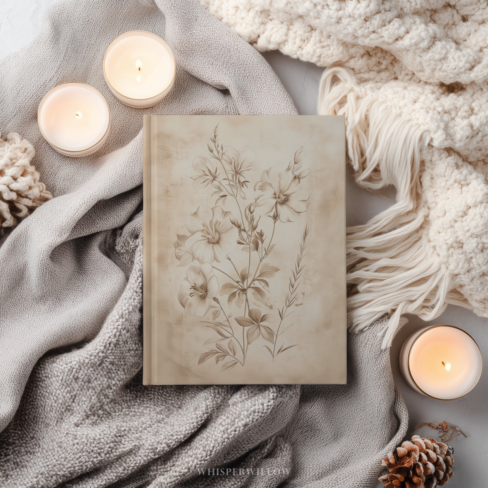 Vintage Wildblumen-Notizbuch mit Hardcover – Skizzenbuch mit floralem Muster, minimalistischem, neutralem Naturmotiv, botanisches Geschenk