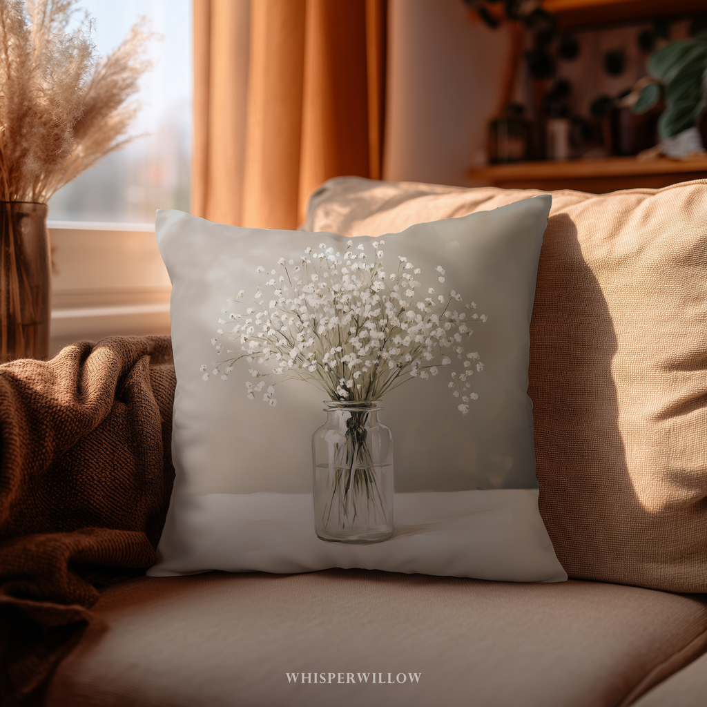 Dekokissen mit Schleierkraut-Motiv | Blumenstrauß in Vase | Kissen im minimalistischen Landhausstil (neutral)